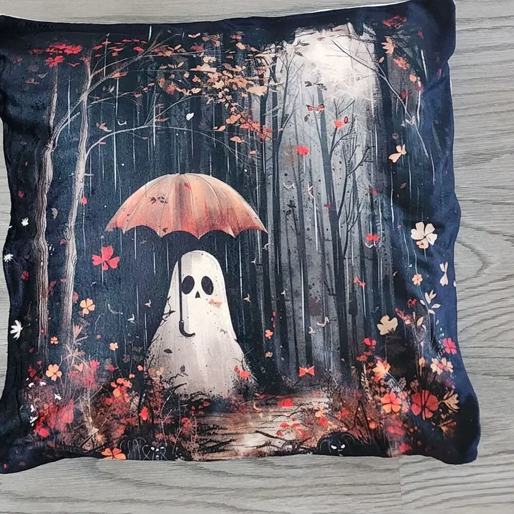 Halloween Decorative Throw Pillow Covers Ghost Forest Fall Leaves Zip Closure